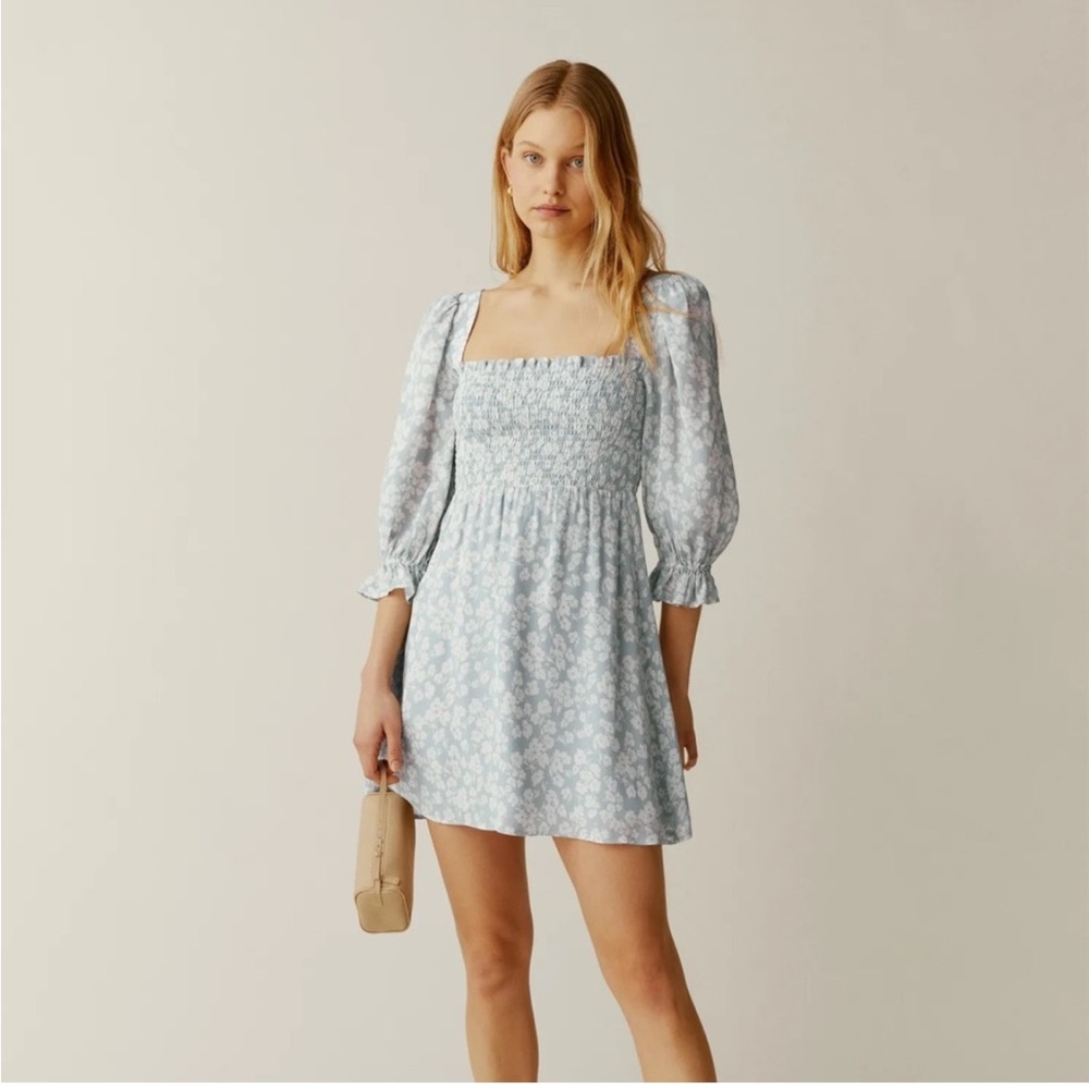Reformation Zaria Floral Printed Smoked Puff Sleeve Light Blur Dress Size XL